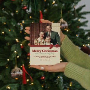 Klassieke Retro Familiefoto Rode Lint Kerstmis Feestdagenkaart