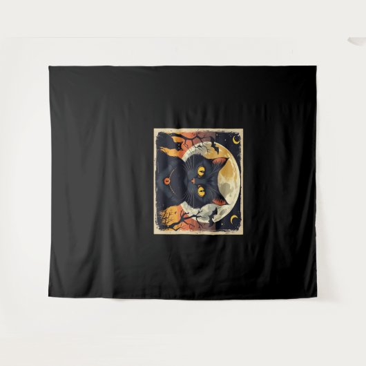 Klassieke Retro Zwarte Kat Halloween T-shirt Class Wandkleed (Voorkant (horizontaal))