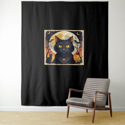 Klassieke Retro Zwarte Kat Halloween T-shirt Class Wandkleed (In situ)