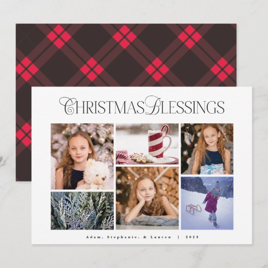 Klassieke rode geruite kerstzegeningen fotokaart feestdagenkaart (Voorkant / Achterkant)