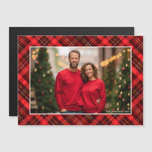 Klassieke rode geruite tartan kerstfoto-magneet (Voorkant / Achterkant)