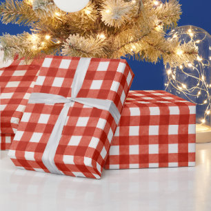 Klassieke Rode Gingham Gestreepte Kerstmis Cadeaupapier