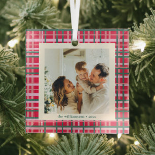 Klassieke Rode Groene Geruite Foto Aandenken Kerst Glas Ornament