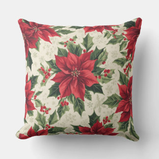 Klassieke Rode Groene Kerst Poinsettia Hulst Print Buitenkussen