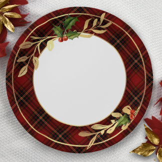 Klassieke rode kersttartan, Holly & Gold Leaves Papieren Bordje