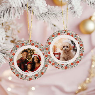 Klassieke Rode Poinsettia 2 Familie Foto's Kerstmi Keramisch Ornament