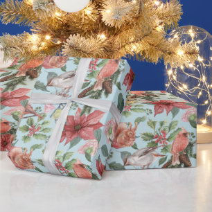 Klassieke Rode Poinsettia Kardinaalvogels Kerst Cadeaupapier