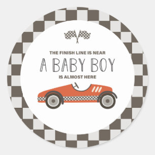 Klassieke rode raceauto baby shower ronde sticker
