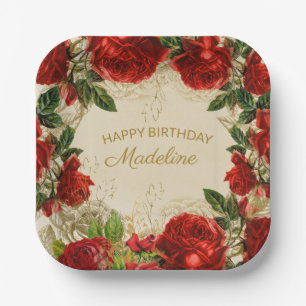 Klassieke Rode Rozen Vrouwen Gelukkige Verjaardag Papieren Bordje