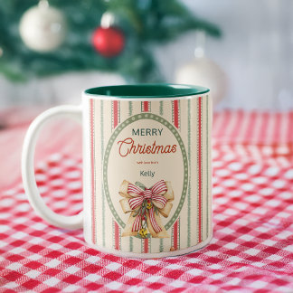 Klassieke rode strepen grand millennial Kerstmis Tweekleurige Koffiemok
