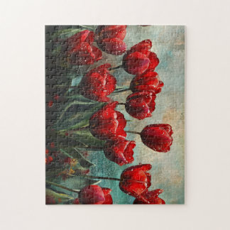 Klassieke rode tulpen bloemenschildering in olieve legpuzzel