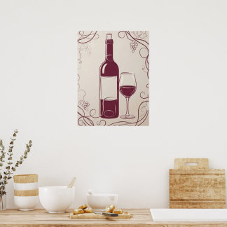 Klassieke rode wijnfles en glas Elegante Botanica Poster