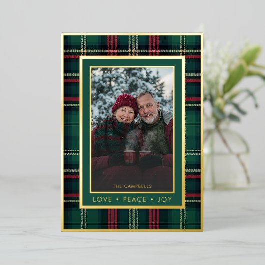 Klassieke rood groen geplakt liefde vrede vreugde folie feestdagenkaart (Staand Voorkant)