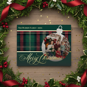 Klassieke rood groen geplakte kerstbol foto folie feestdagen briefkaart