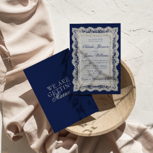 Klassieke Royale Blauwe Oud Geld Kantwerk Bruiloft Kaart