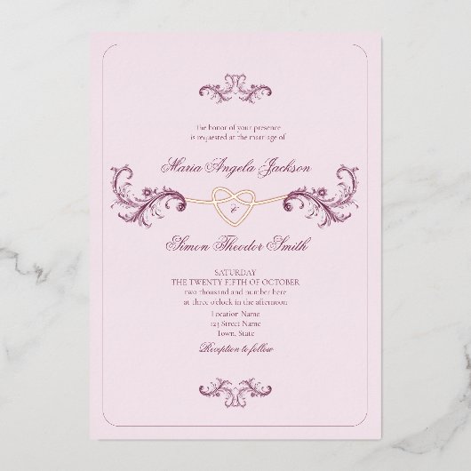 Klassieke roze en gouden bruiloft folie uitnodiging (Voorkant)