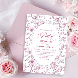 Klassieke Roze en Witte Rozen Toile Baby Shower  Kaart