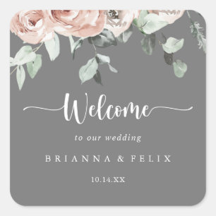 Klassieke roze Rose Floral Gray Weddenschap Welkom Vierkante Sticker