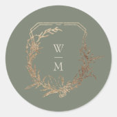 Klassieke Sage & Cream Monogram Gold Crest Bruilof Ronde Sticker (Voorkant)