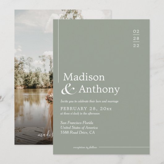 Klassieke Sage Green Budget Script Photo Weddensch Kaart (Voorkant / Achterkant)