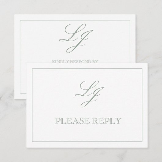 Klassieke Sage Green Calligraphy Monogram No Means RSVP Kaartje (Voorkant / Achterkant)