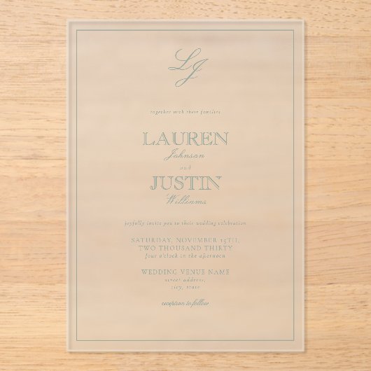 Klassieke Sage Green Calligraphy Monogram Weddensc Acryl Uitnodigingen (Voorkant)