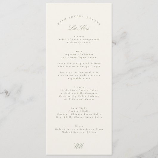 Klassieke Sage Groene Kalligrafie Formele Bruiloft Menu (Voorkant)