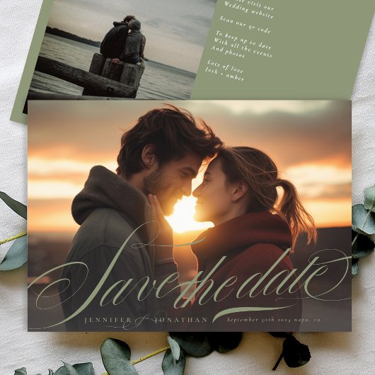 Klassieke Sage Groene Kalligrafie QR Code Twee Fot Save The Date