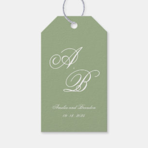 Klassieke saliegroen en witte monogramhuwelijk in cadeaulabel