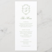 Klassieke Saliegroene Bloemige Monogram Wapen Huwe Menu (Voorkant)