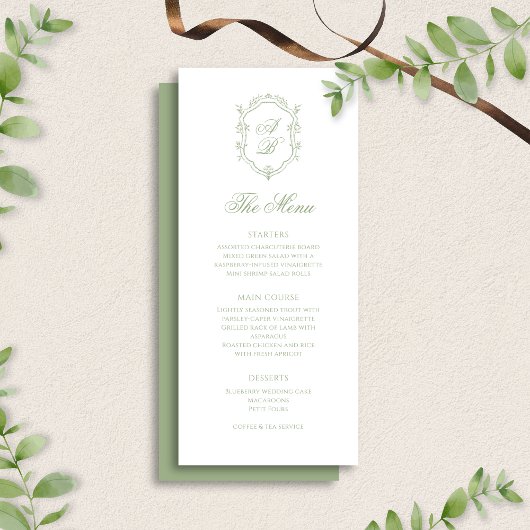 Klassieke Saliegroene Bloemige Monogram Wapen Huwe Menu