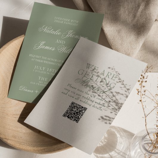 Klassieke Saliegroene Boho Moderne QR Code Huwelij Kaart