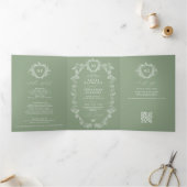Klassieke saliegroene Franse bloemencode QR-huweli Drieluik Uitnodiging (Binnen)