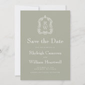 Klassieke saliegroene monogram kam script save the date (Voorkant)