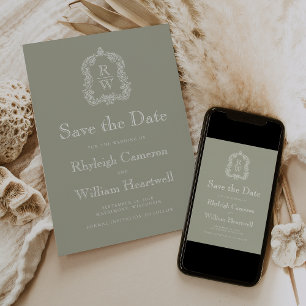 Klassieke saliegroene monogram kam script save the date