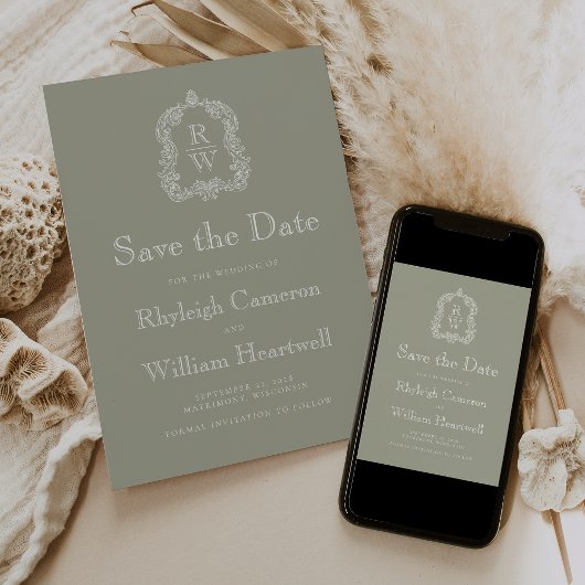 Klassieke saliegroene monogram kam script save the date