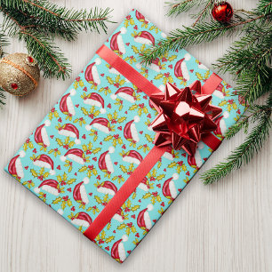 Klassieke Santa Hat Holly Novelty Aqua Fun Christm Cadeaupapier