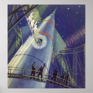 Klassieke sciencefiction-astronauten op een raket poster