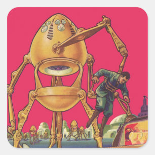 Klassieke Sciencefiction Buitenaardse Robot Ontvoe Vierkante Sticker