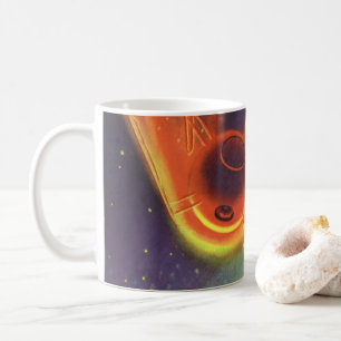 Klassieke sciencefiction, gloeiende raket in de ru koffiemok