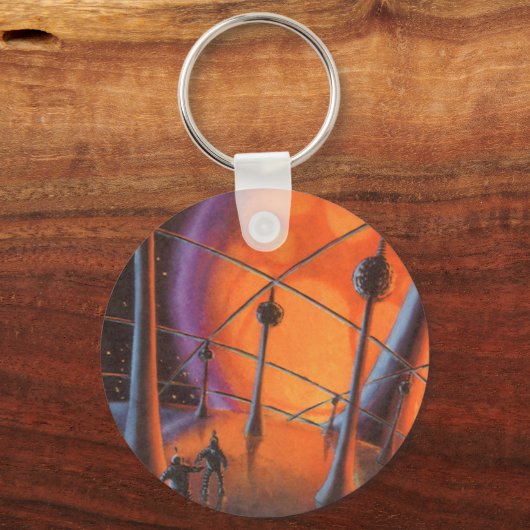 Klassieke sciencefiction, oranje zon en buitenaard sleutelhanger (Achterkant)