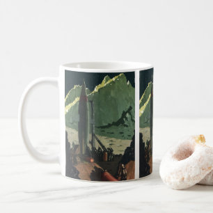 Klassieke sciencefiction, raket op een verre plane koffiemok
