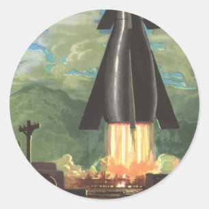 Klassieke sciencefiction, raket vertrekt van de aa ronde sticker