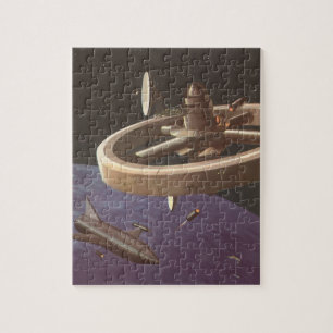 Klassieke sciencefiction, ruimtestation met planee legpuzzel