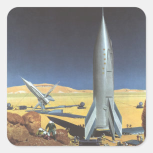 Klassieke sciencefiction-woestijnplaneet met raket vierkante sticker