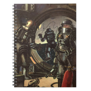 Klassieke sciencefictionastronauten op een ruimtew notitieboek