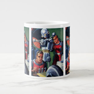 Klassieke sciencefictionastronauten repareren een grote koffiekop