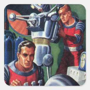 Klassieke sciencefictionastronauten repareren een  vierkante sticker