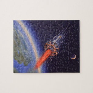 Klassieke sciencefictionraket in de ruimte boven d legpuzzel