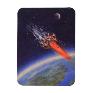 Klassieke sciencefictionraket in de ruimte boven d magneet